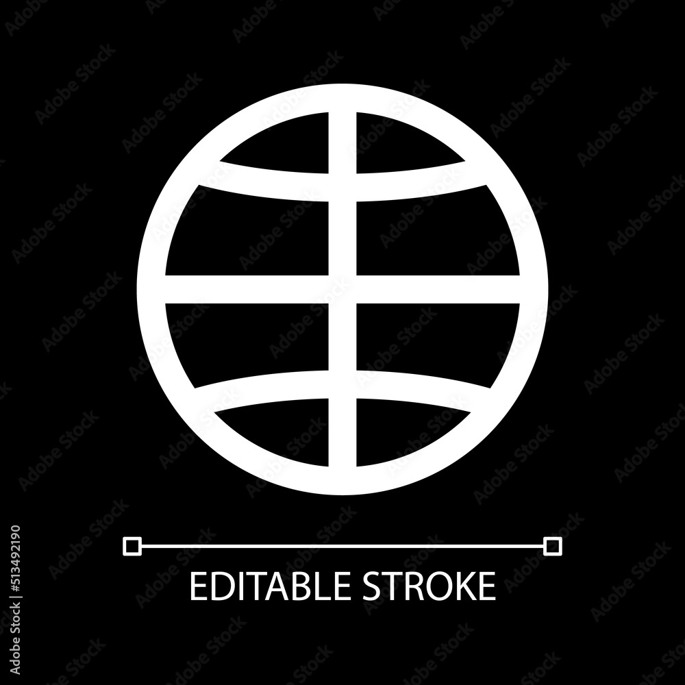 Globe white linear ui icon for dark theme. International and global. Internet sign. Vector line pictogram. Isolated user interface symbol for night mode. Editable stroke. Arial font used Globe white linear ui icon for dark theme. International and global. Internet sign. Vector line pictogram. Isolated user interface symbol for night mode. Editable stroke. Arial font used