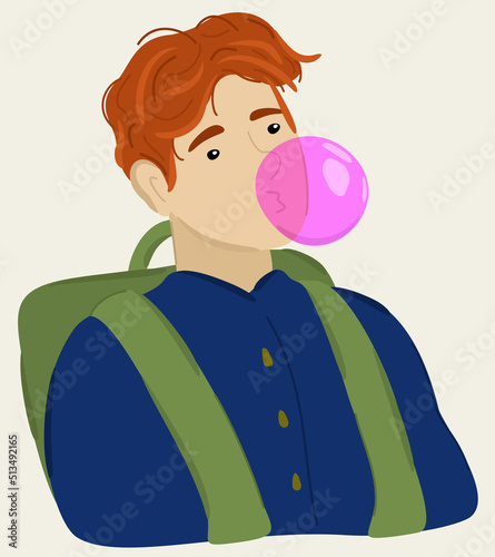 Vector illustration of a boy with backpack, chewing a bubble gum. Isolated on light background.