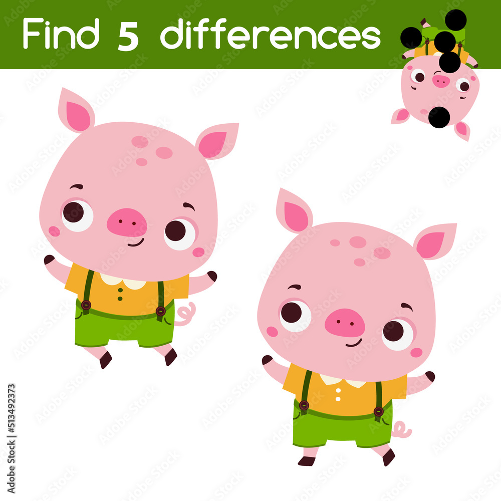 Naklejka premium Find the differences educational children game. Kids activity with cute pig
