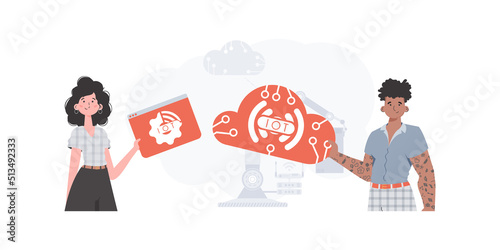 A man and a woman are a team in the field of the Internet of things. Internet of things concept. Good for websites and presentations. Vector illustration.