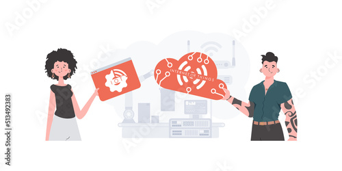 A man and a woman are a team in the field of the Internet of things. Internet of things concept. Good for presentations and websites. Vector illustration in flat style.