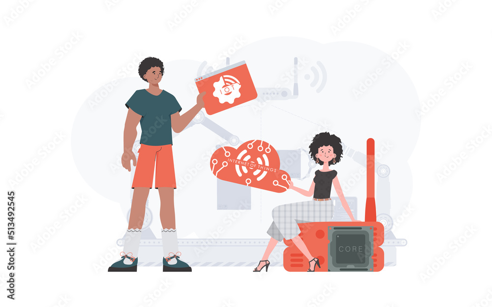 A man and a woman are a team in the field of the Internet of things. IoT concept. Good for presentations and websites. Vector illustration in trendy flat style. A man and a woman are a team in the field of the Internet of things. IoT concept. Good for presentations and websites. Vector illustration in trendy flat style.