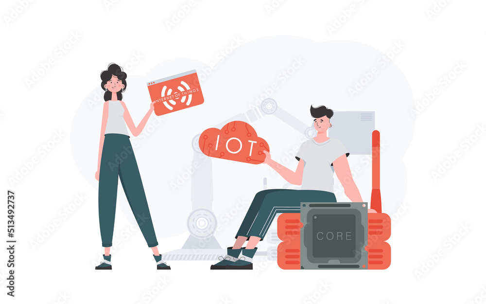 A man and a woman are a team in the field of the Internet of things. Internet of things and automation concept. Good for presentations and websites. Trendy flat style. Vector. A man and a woman are a team in the field of the Internet of things. Internet of things and automation concept. Good for presentations and websites. Trendy flat style. Vector.