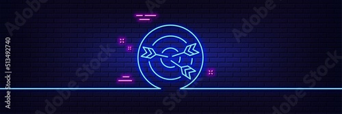 Neon light glow effect. Target line icon. Marketing targeting strategy symbol. Aim with arrows sign. 3d line neon glow icon. Brick wall banner. Targeting outline. Vector