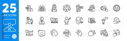 Outline icons set. Hold heart, Search puzzle and Online shopping icons. Blood donation, Discount, Safe time web elements. Education, Interview job, People vaccination signs. Vector