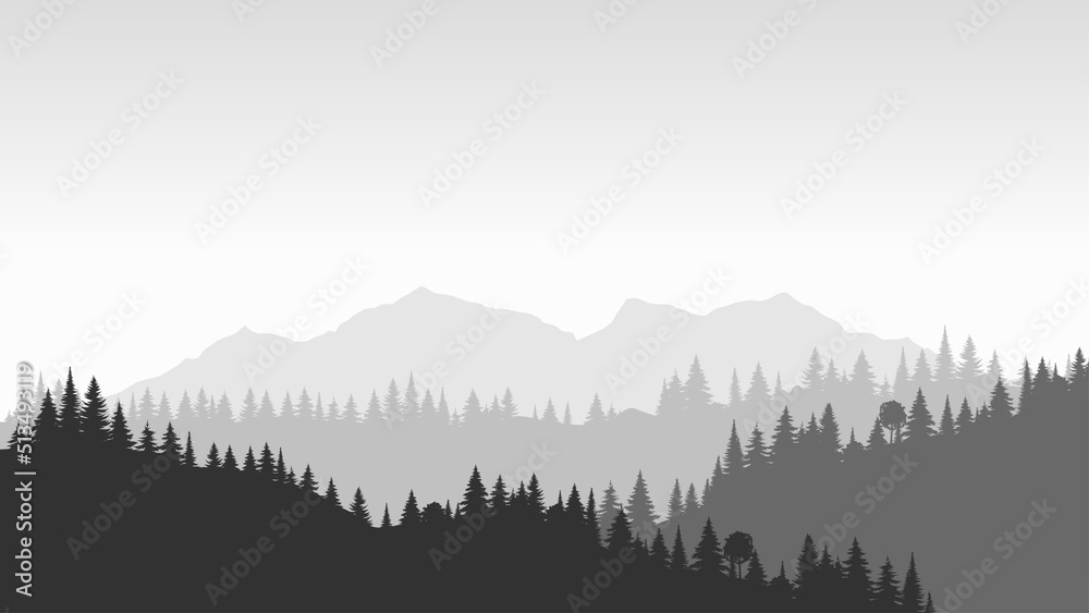 Silhouette landscape with fog, forest, pine trees, mountains. Illustration of national park view, mist. Black and white. Good for wallpaper, background, banner, cover, poster.