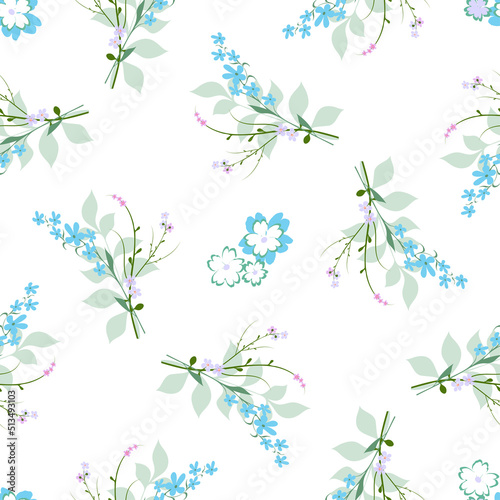 Floral seamless vector pattern. Delicate bouquets of small flowers and leaves on a white background for the design of home textiles, wallpaper, wrapping paper