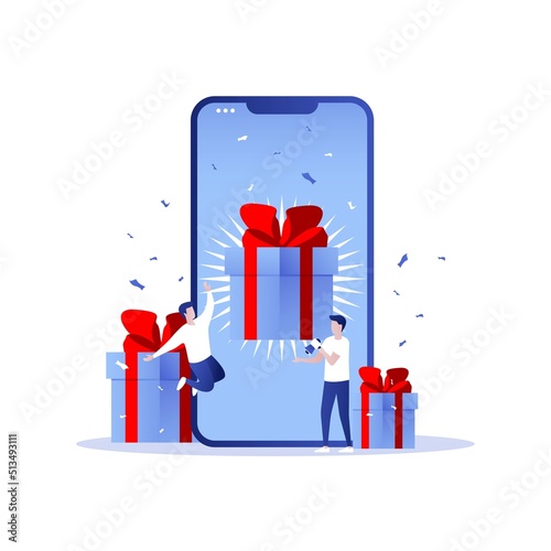 Group of people get online reward vector illustration concept, happy people get a present, digital referral, can use for, landing page, template, ui, web, homepage, poster, banner, flyer.