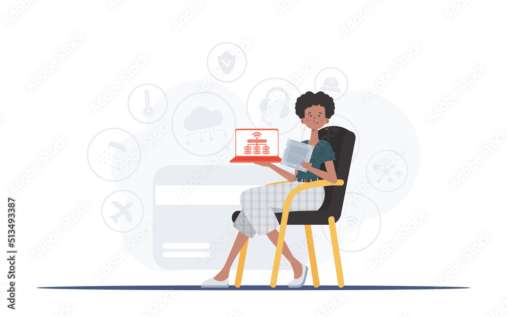 A woman holds a laptop and a processor chip in her hands. Internet of things and automation concept. Vector.