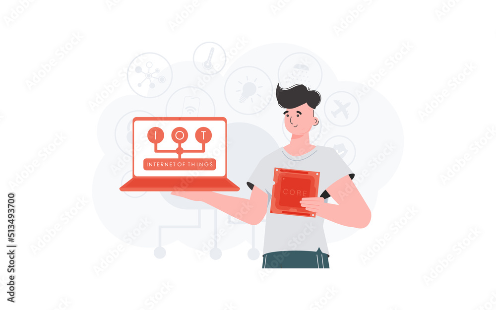 A man holds a laptop and a processor chip in his hands. IOT and automation concept. Vector.