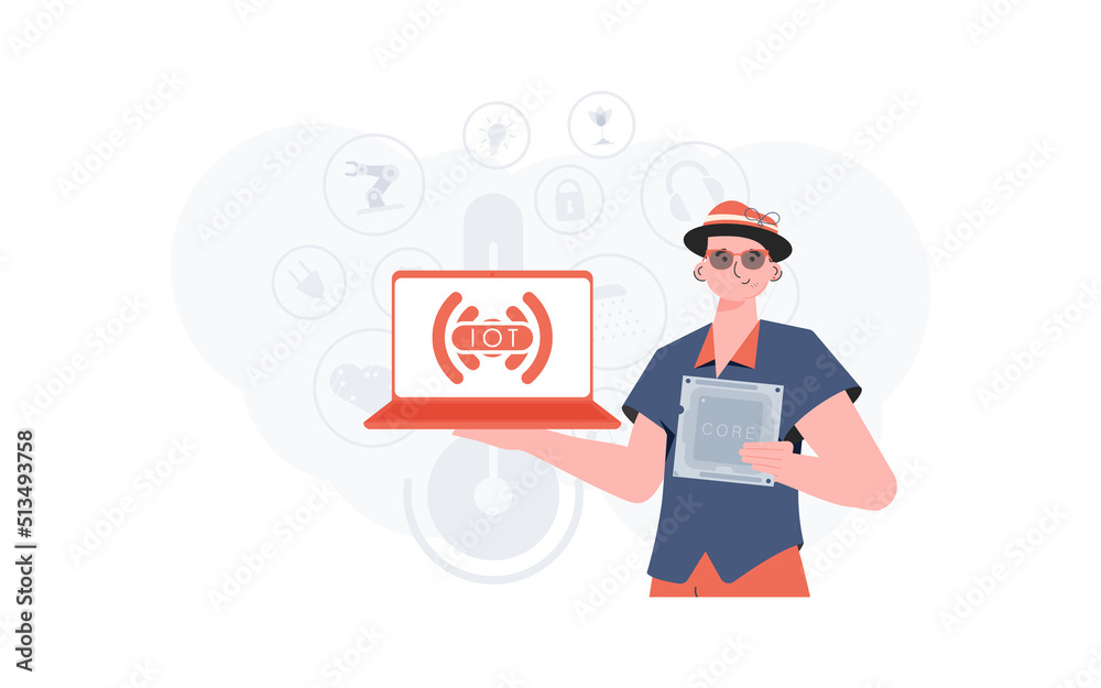 The guy holds a laptop and a processor chip in his hands. Internet of things concept. Vector illustration in flat style. The guy holds a laptop and a processor chip in his hands. Internet of things concept. Vector illustration in flat style.