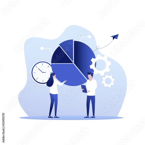 Analysts team coworking flat vector abstract illustration. Business analytics, data analysis concept. Employees teamwork and collaboration. Businessman character analyzing pie chart infographics.