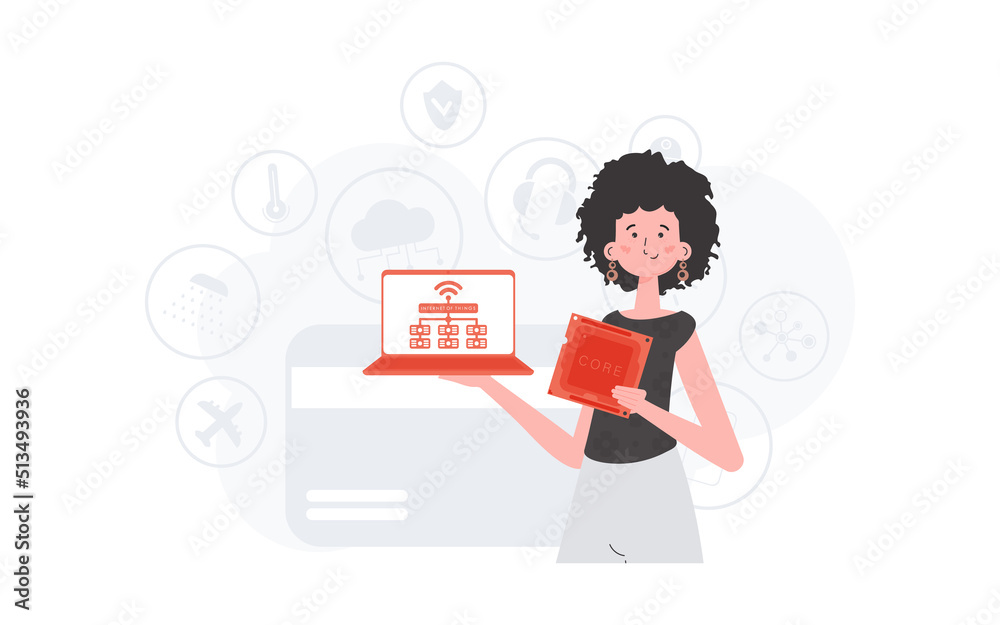 The girl is holding a laptop and a processor chip in her hands. Internet of things concept. Vector illustration in trendy flat style. The girl is holding a laptop and a processor chip in her hands. Internet of things concept. Vector illustration in trendy flat style.