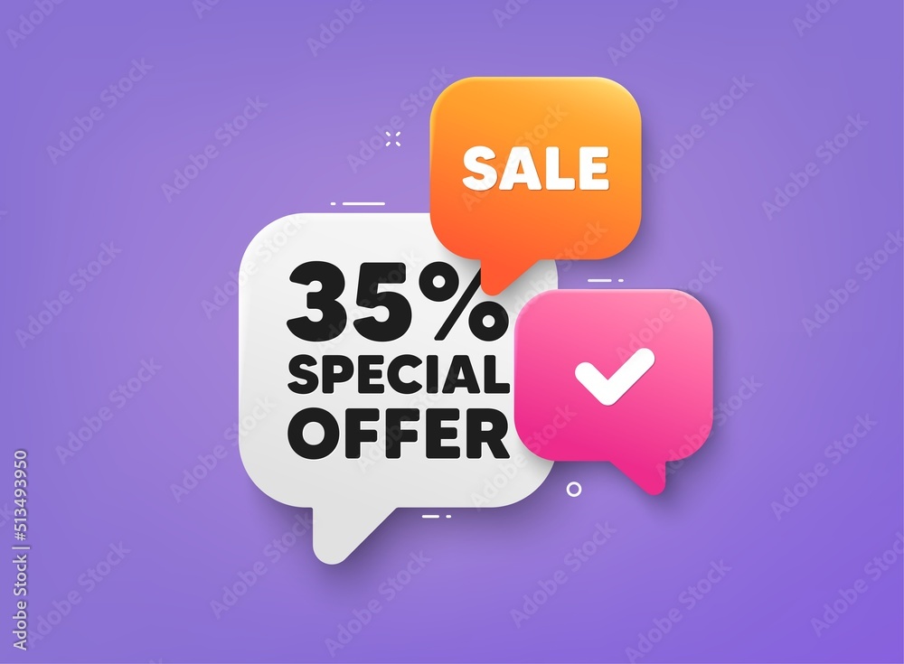 Fototapeta premium 35 percent discount offer tag. 3d bubble chat banner. Discount offer coupon. Sale price promo sign. Special offer symbol. Discount adhesive tag. Promo banner. Vector
