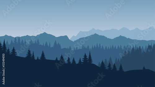 Beautiful forest panoramic. Realistic wanderlust vector background. Landscape dark trees pine in mist design. Mystery fog in park concept. Nature beauty. Tourism web banner.