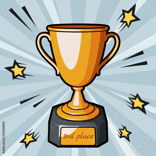 Bronze trophy cup or champions cup with 3rd place text on bronze plate. Vector illustration in comic cartoon style