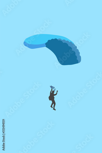 skydiver in the sky with opened blue parachute in the sky - vertical illustration