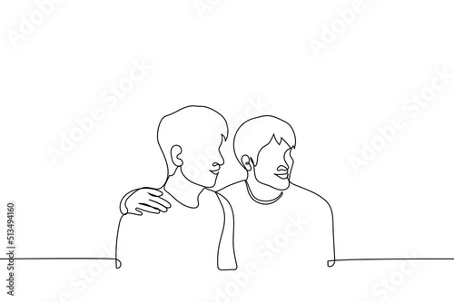 man introduces or introduces his male friend or partner to the company - one line drawing vector. concept of introducing a new person or referral
