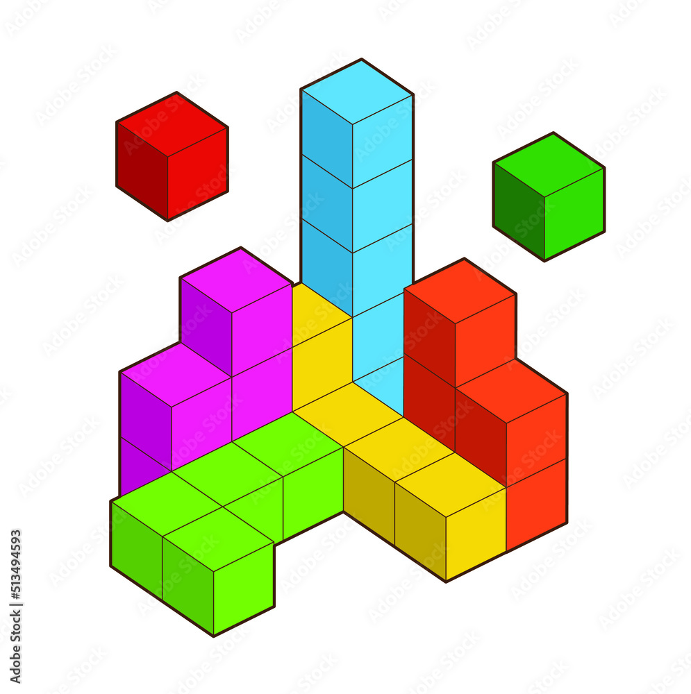 Crystal cube. 3D building block set. Isometric blocks. Abstract construction from isometric blocks tetris shapes. The concept of logical thinking, geometric shapes. Crystal cube. 3D building block set. Isometric blocks. Abstract construction from isometric blocks tetris shapes. The concept of logical thinking, geometric shapes.