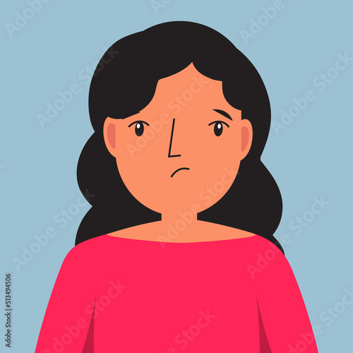 Upset woman. Female with unhappy face. Sad human face. Vector illustration for people emotions
