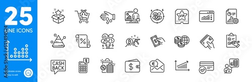 Outline icons set. Shopping bags, Loan percent and Loyalty program icons. Dollar wallet, Chart, Dot plot web elements. Web traffic, Pyramid chart, Stress signs. Budget accounting. Vector