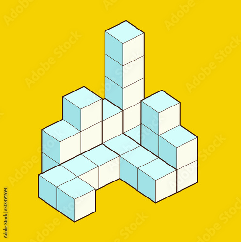 Crystal cube. 3D building block set. Isometric blocks. Abstract construction from isometric blocks tetris shapes. The concept of logical thinking, geometric shapes.