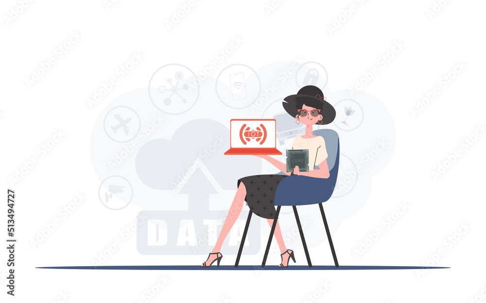 A woman holds a laptop and a processor chip in her hands. IoT concept. Vector.