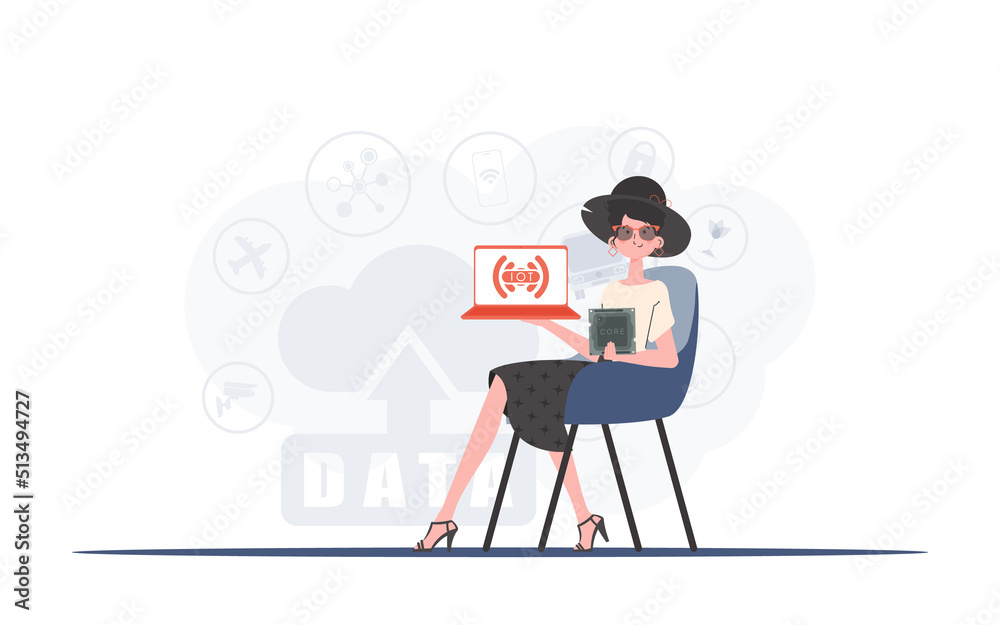 A woman holds a laptop and a processor chip in her hands. IoT concept. Vector. A woman holds a laptop and a processor chip in her hands. IoT concept. Vector.