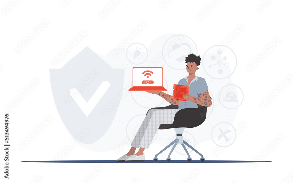 The guy holds a laptop and a processor chip in his hands. Internet of things and automation concept. Vector illustration in flat style. The guy holds a laptop and a processor chip in his hands. Internet of things and automation concept. Vector illustration in flat style.