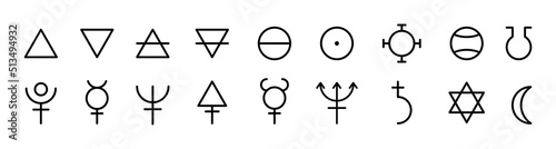 Alchemy, mystic vector icon. Astrology cosmic planet sign or icon. Alchemy astrology icon collection. Stock vector