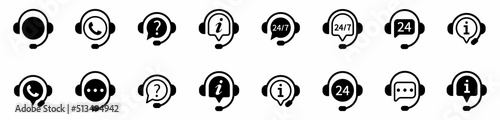 Set of support service icons. Support service. Support service with headphones. Customer Support Icon. Call center symbols. Vector illustration