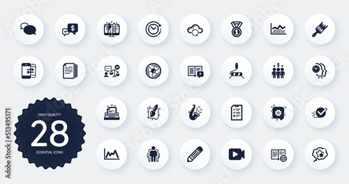 Set of Education icons, such as Copy documents, Brush and Phone communication flat icons. Air fan, Typewriter, Group web elements. Video camera, Creative design, Time management signs. Vector