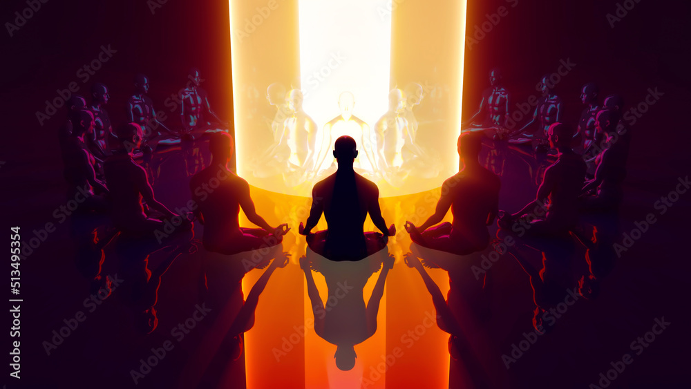 3d illustration group meditation in astral space - obrazy, fototapety, plakaty 