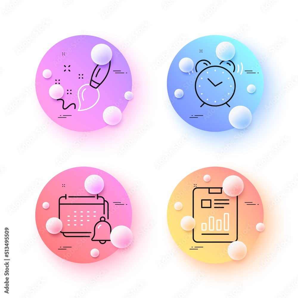 Notification, Alarm clock and Report document minimal line icons. 3d spheres or balls buttons. Paint brush icons. For web, application, printing. Calendar reminder, Time, Page with charts. Vector