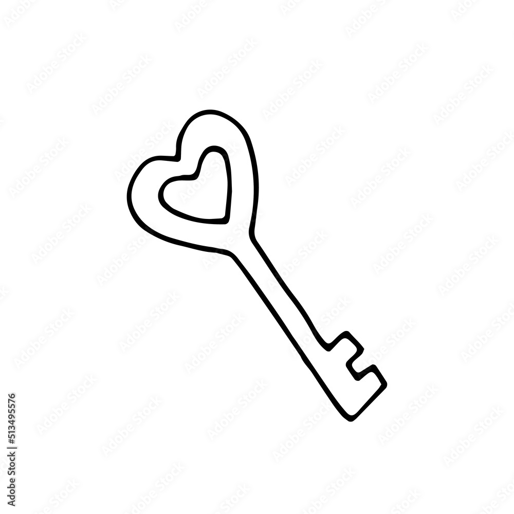 The key to the door in the shape of a heart. Vector. Drawn by hand. Doodle. Sketch. Silhouette. Black and white. Contour. Coloring