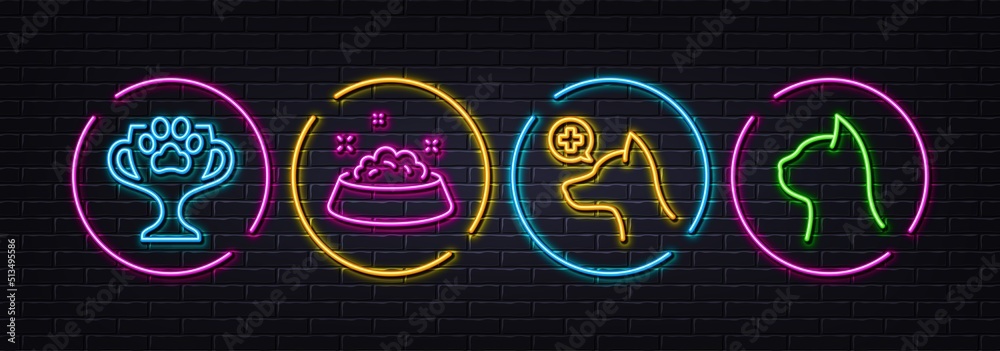 Winner cup, Dog feeding and Veterinary clinic minimal line icons. Neon laser 3d lights. Pets care icons. For web, application, printing. Dog competition, Pets bowl, Shelter. Vector