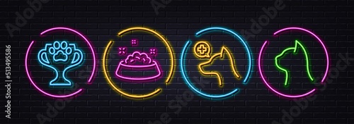 Winner cup, Dog feeding and Veterinary clinic minimal line icons. Neon laser 3d lights. Pets care icons. For web, application, printing. Dog competition, Pets bowl, Shelter. Vector