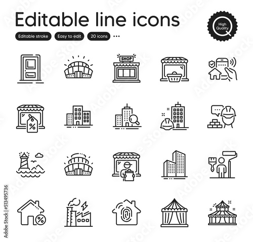 Set of Buildings outline icons. Contains icons as Electricity factory, Market sale and Skyscraper buildings elements. Arena stadium, Delivery market, House security web signs. Vector