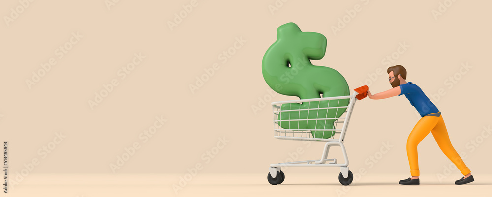 Inflation concept. Rising cost of food and shopping. Dollar sign with shopping cart. 3D Rendering
