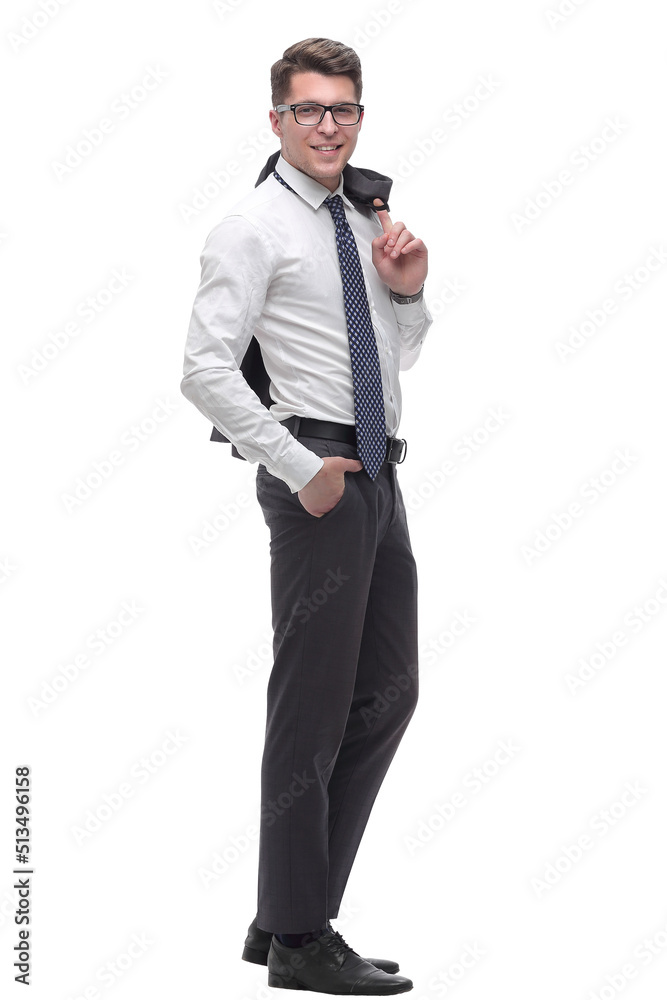 Obraz premium confident young businessman with a jacket over his shoulder. isolated on white