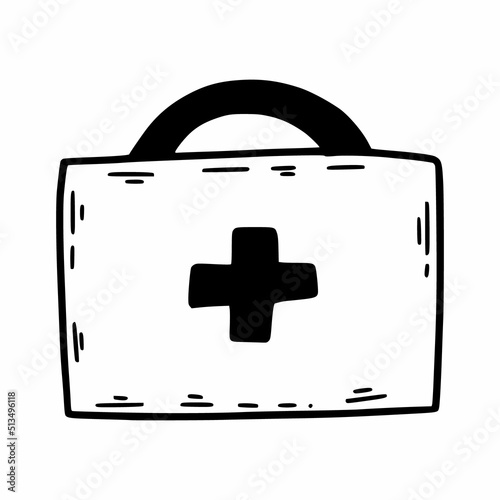 First aid kit with medicines. Vector doodle illustration.