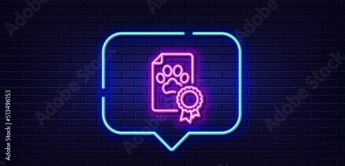 Neon light speech bubble. Dog competition certificate line icon. Pets award sign. Champion winner medal symbol. Neon light background. Dog certificate glow line. Brick wall banner. Vector