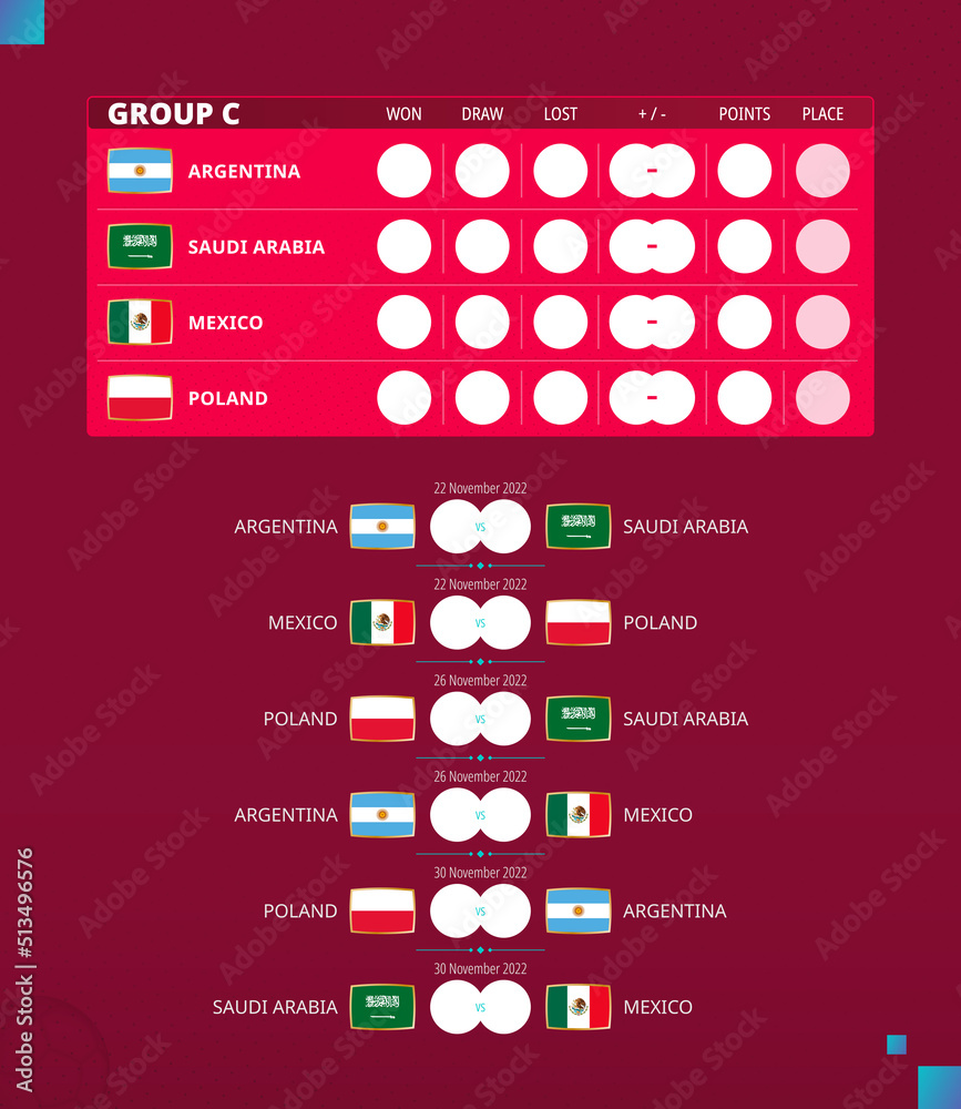 Football cup 2022, Group C match schedule. Flags of Argentina, Saudi
