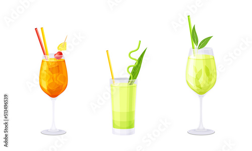 Glasses of summer alcoholic and non alcoholic refreshing cocktails set vector illustration