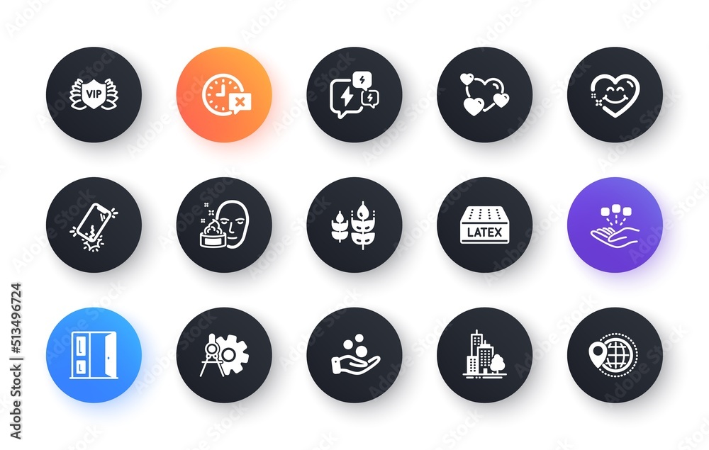 Minimal set of Vip security, Donation money and Heart flat icons for web development. Smartphone broken, Smile face, Cogwheel dividers icons. Latex mattress, Open door. Vector Minimal set of Vip security, Donation money and Heart flat icons for web development. Smartphone broken, Smile face, Cogwheel dividers icons. Latex mattress, Open door. Vector