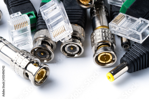 Various connectors for coaxial and twisted pair cable, for video signal transmission. photo