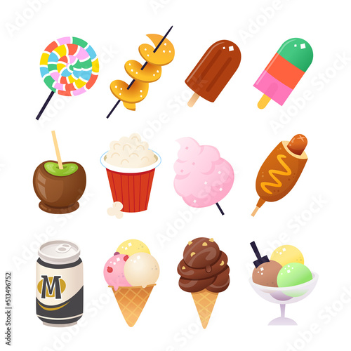 Collection of common snacks for many parties and events. Funfair, beach or pool party, game at stadium. Isolated vector images as elements for poster, card, textile, invitations designs and prints.