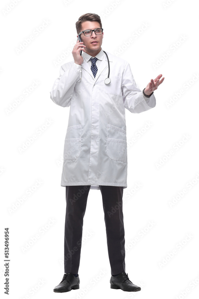 doctor therapist talking on mobile phone. isolated on white doctor therapist talking on mobile phone. isolated on white