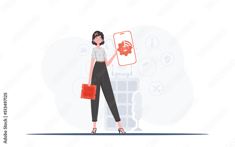 Internet of things and automation concept. A woman holds a phone with the IoT logo in her hands. Vector. Internet of things and automation concept. A woman holds a phone with the IoT logo in her hands. Vector.