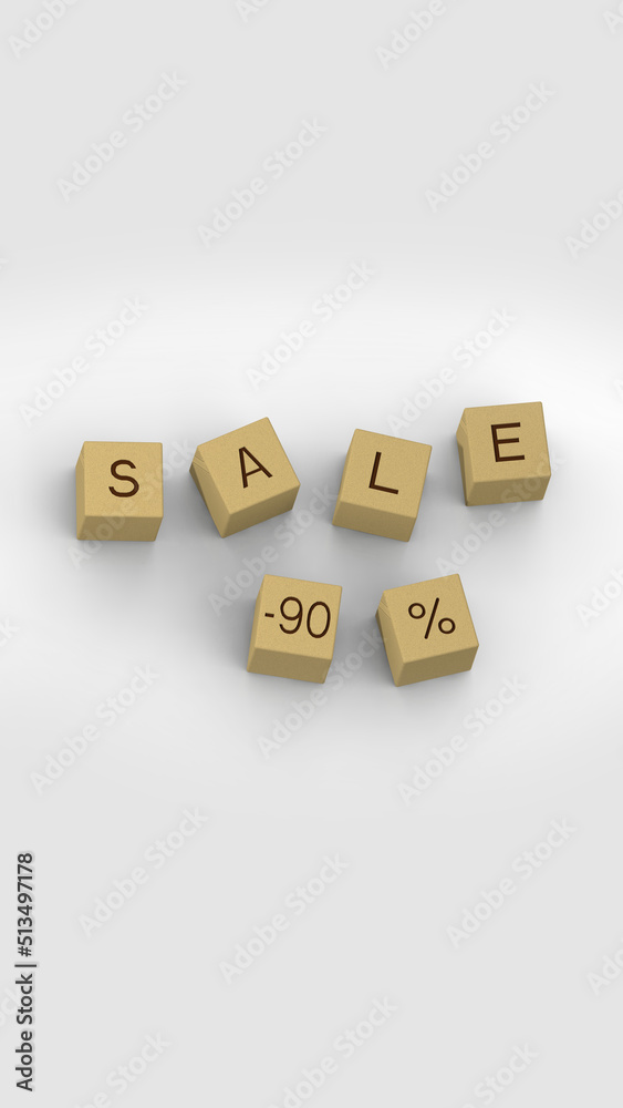 inscription from the sale of wooden cubes minus ninety percent. wooden cubes on white background. Vertical image. 3D image. 3D rendering. inscription from the sale of wooden cubes minus ninety percent. wooden cubes on white background. Vertical image. 3D image. 3D rendering.
